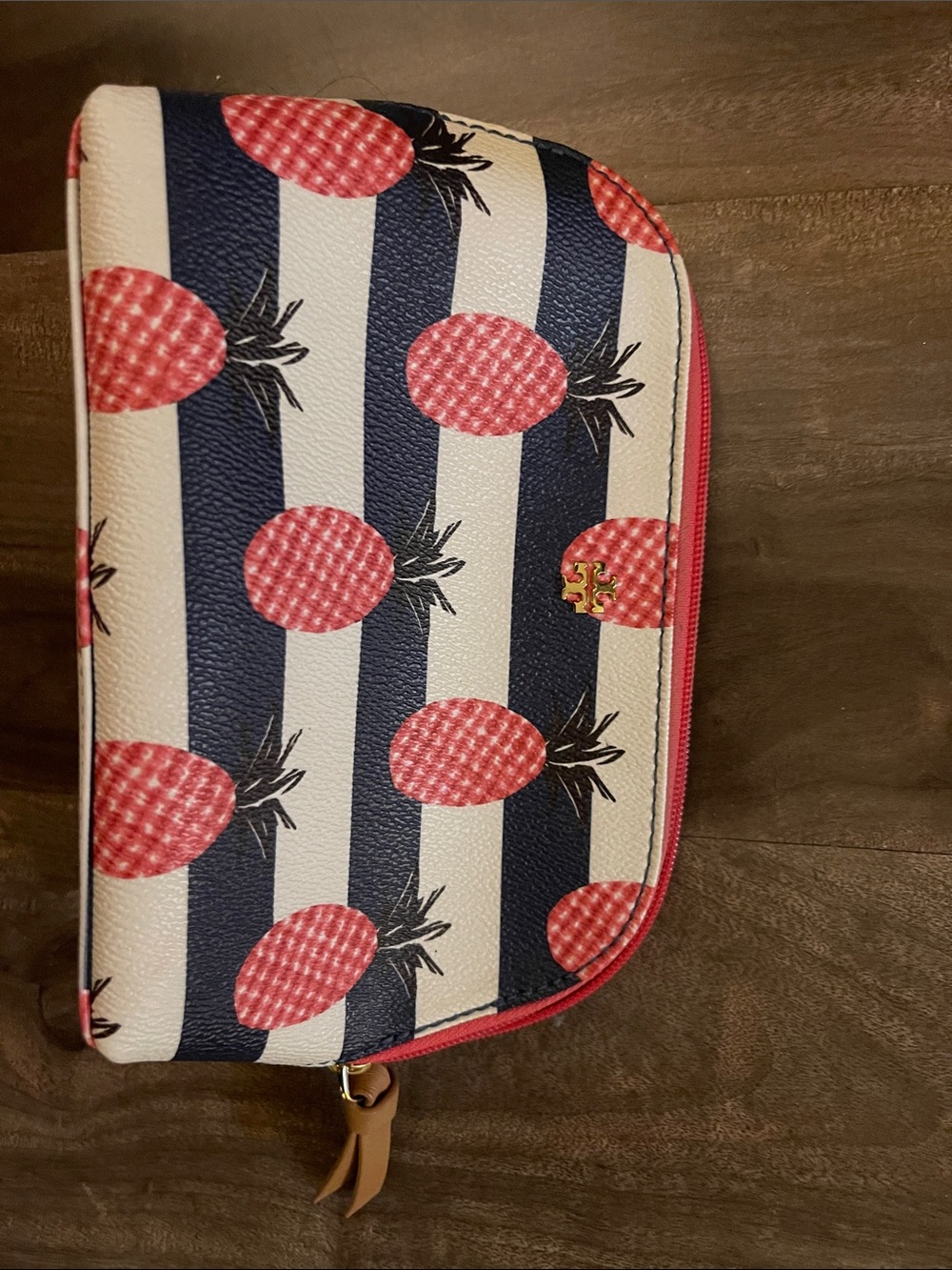 Striped Navy & White Cosmetic Pouch with Pink Pineapple Print